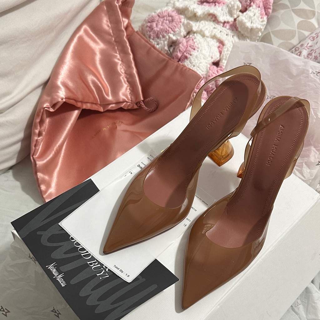 Amina Mauddi Brown Patent Slingback Pumps With Amber Block Heel Size 7.5